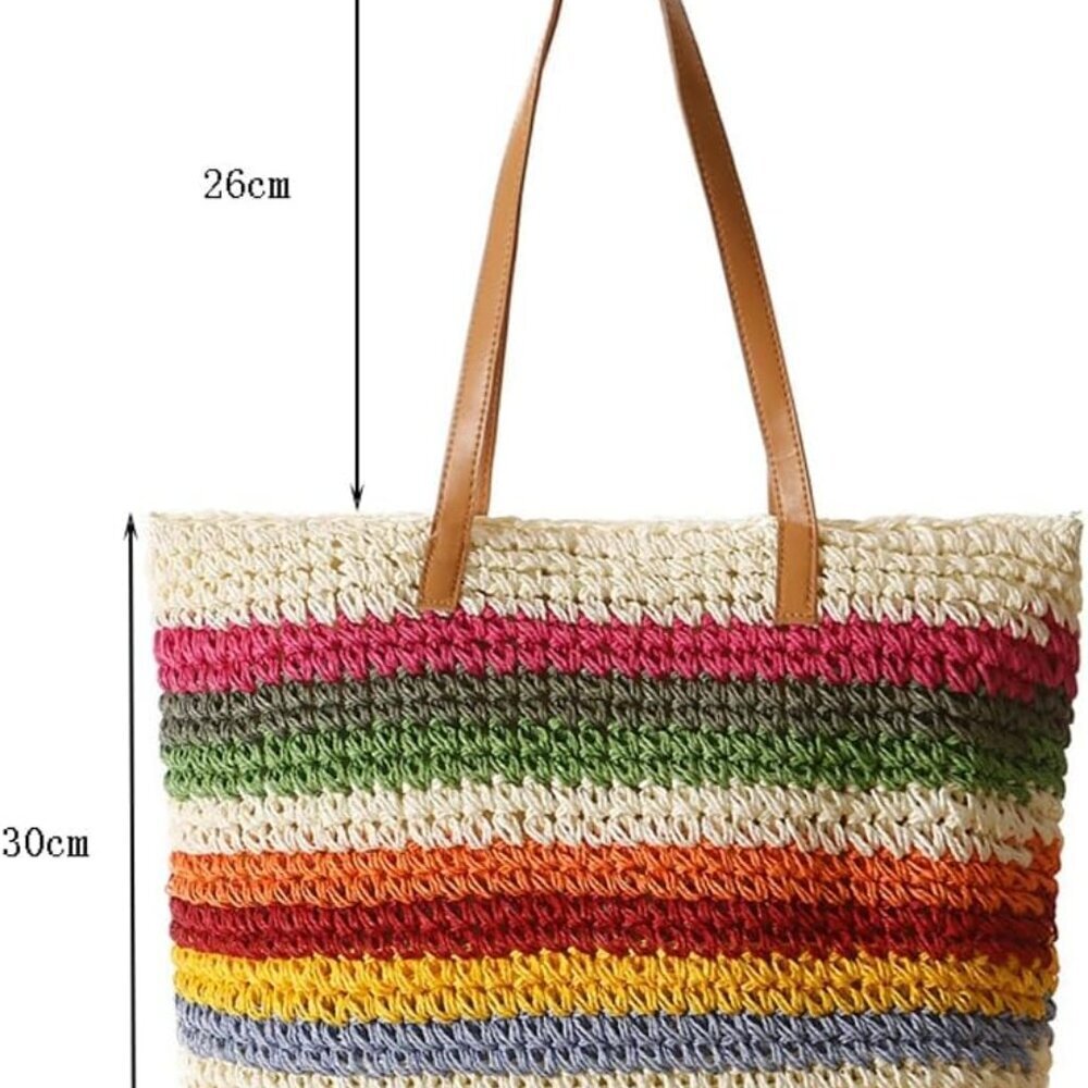 Rainbow Straw Bag for Women Beach Tote Handbag Large Capacity Summer Accessory - Picture 7 of 7